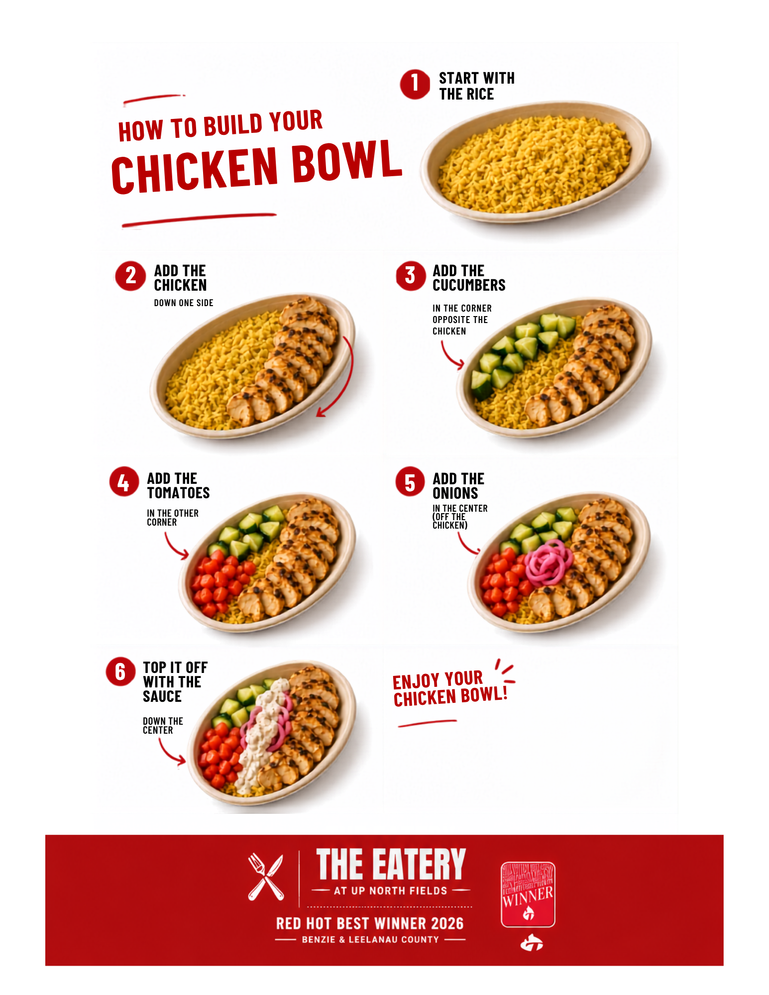 A Restaurant Diagrams training card for a chicken bowl, showing each build step as a numbered panel with portion and placement notes.
