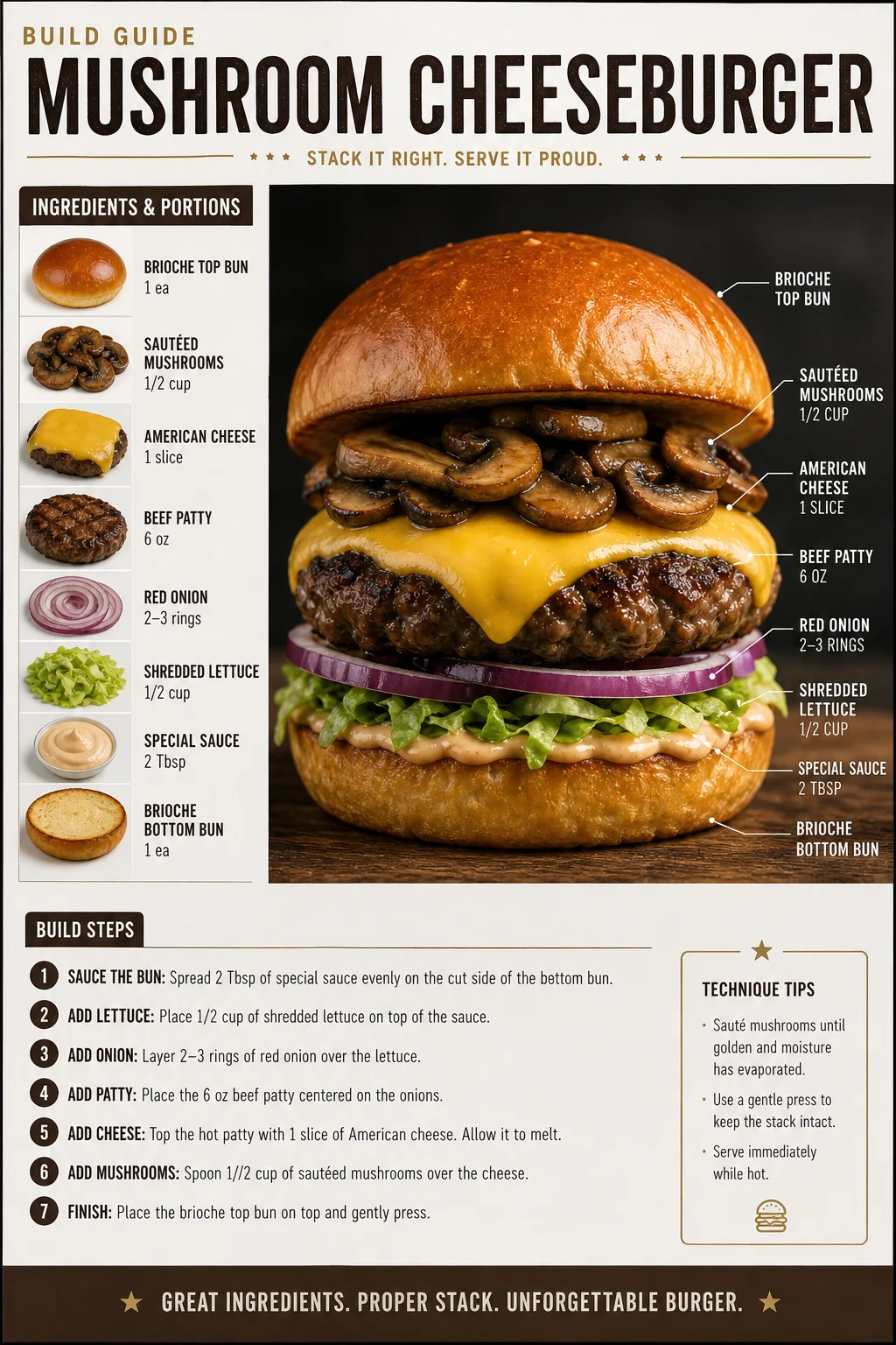 Build guide diagram for a mushroom cheeseburger